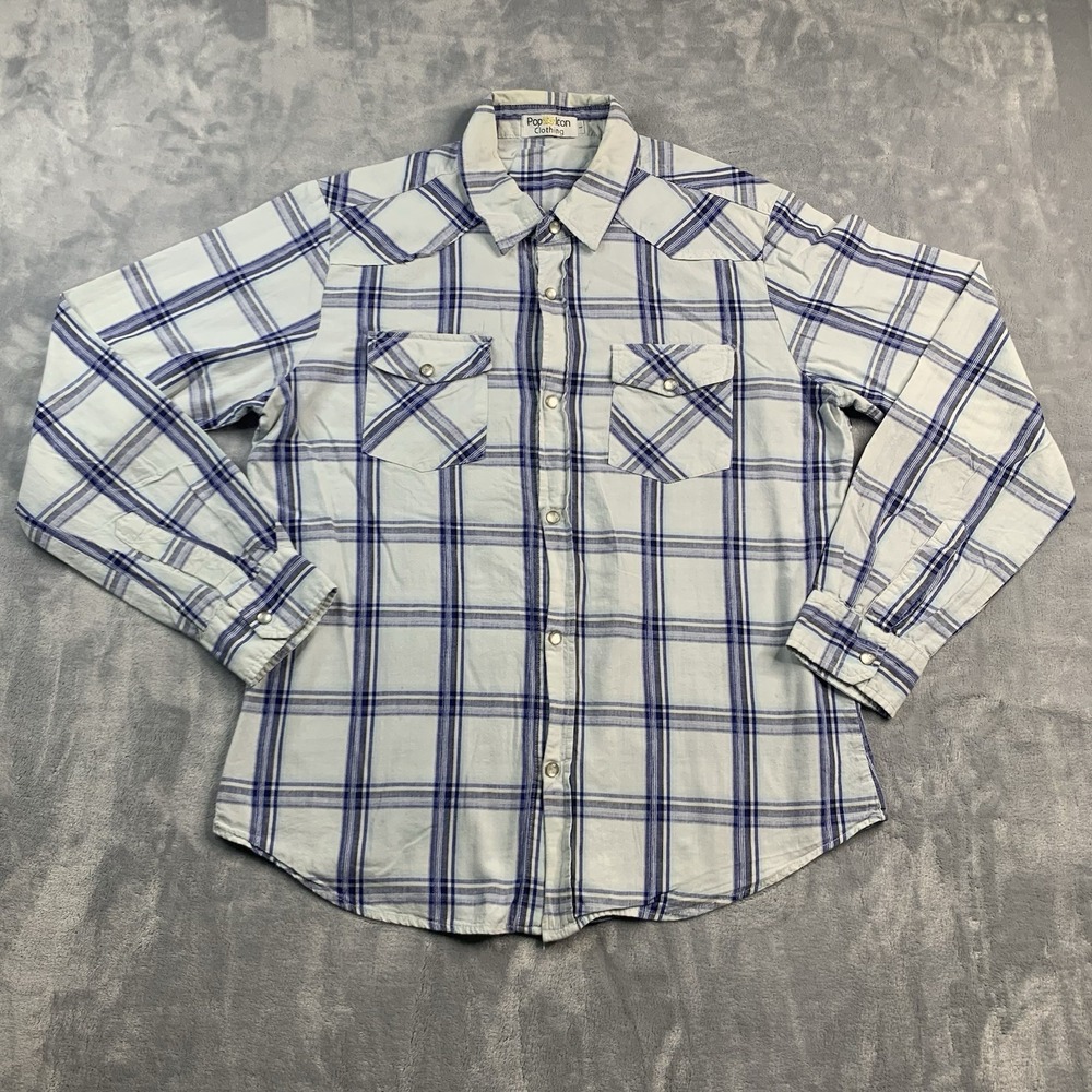 Pop‎ Icon Clothing Shirt Mens L Black Pearl Snap Plaid Western Cotton